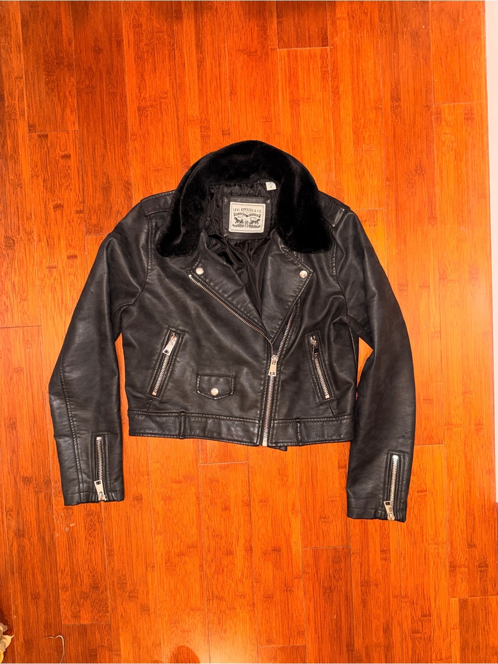 Levi's Black Faux Leather Moto Jacket with Black Fur Collar
